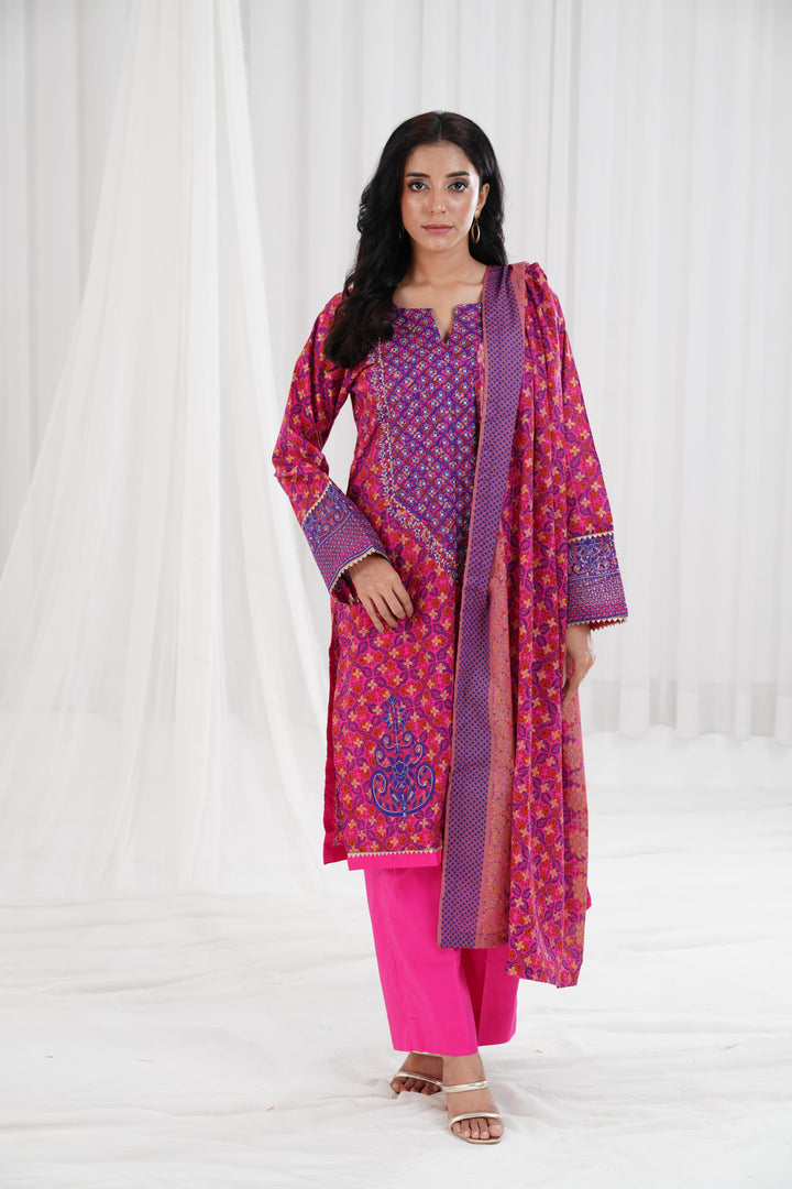 Gold Printed Embroidered Pink Stitched Suit - Nishat