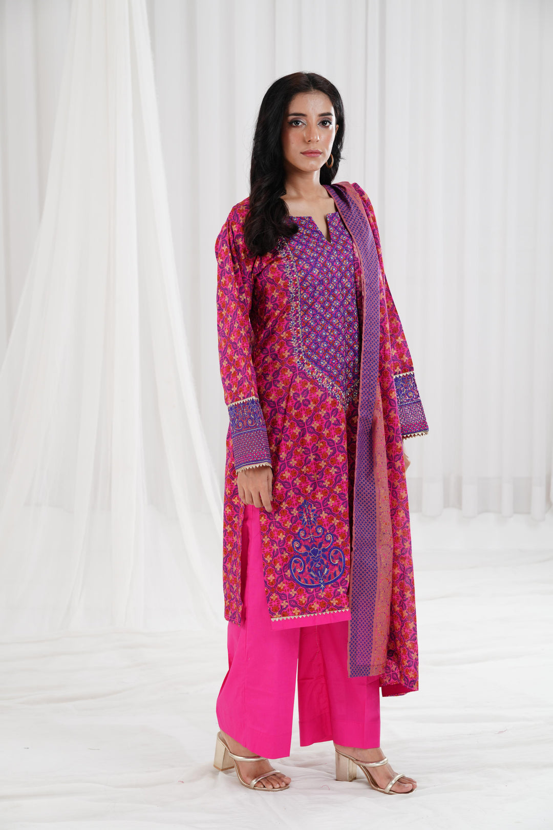 Gold Printed Embroidered Pink Stitched Suit - Nishat
