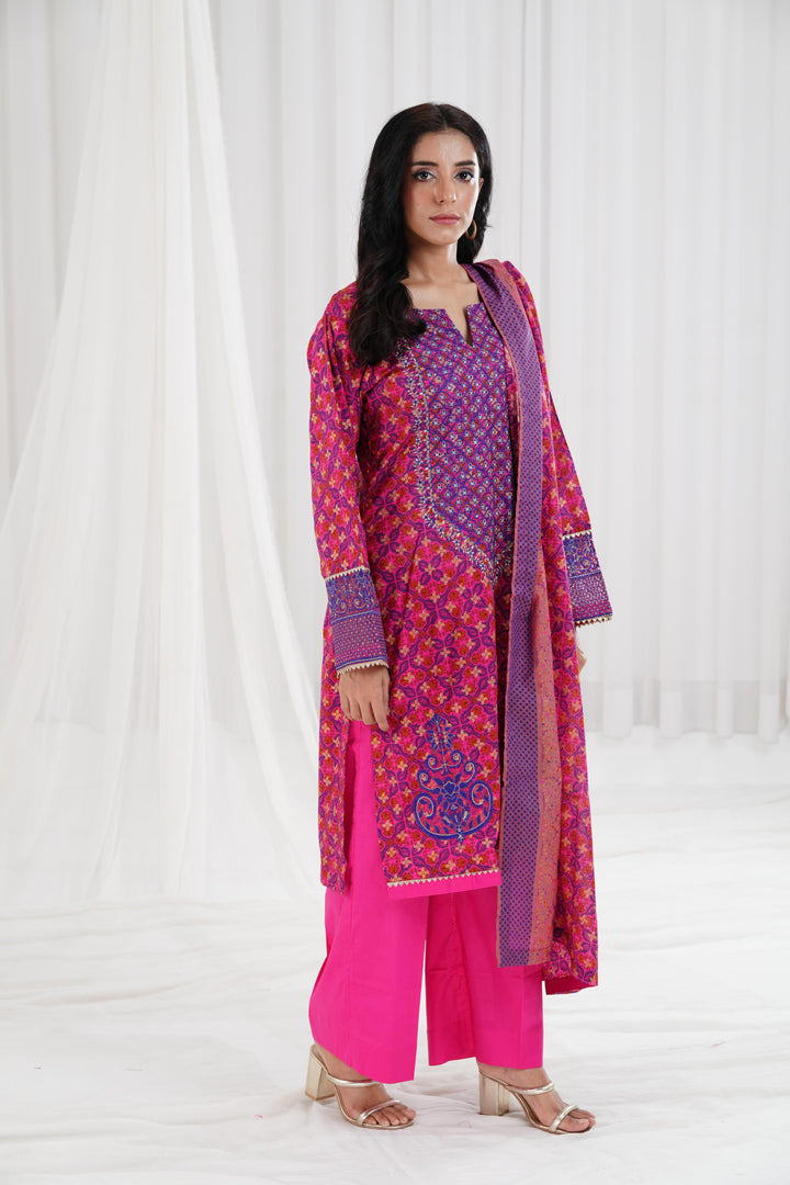 Gold Printed Embroidered Pink Stitched Suit - Nishat