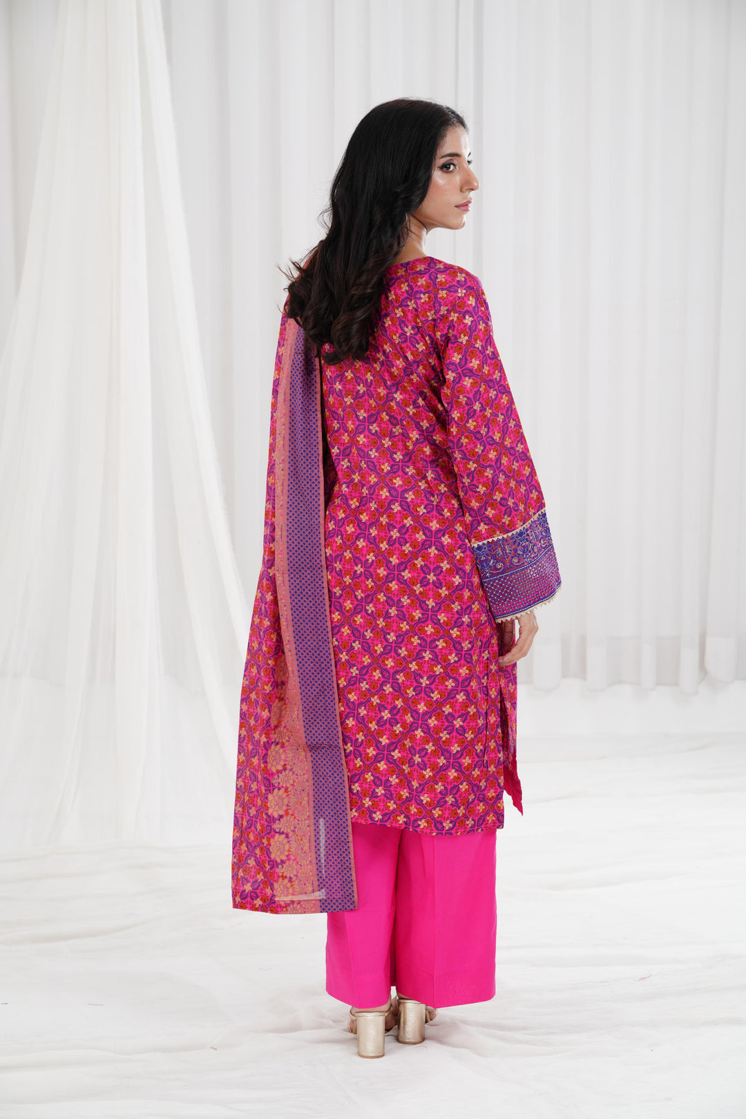 Gold Printed Embroidered Pink Stitched Suit - Nishat