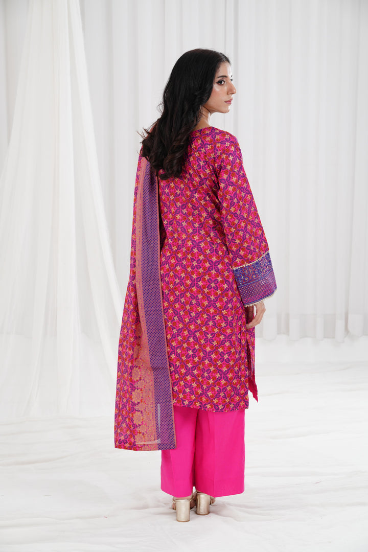 Gold Printed Embroidered Pink Stitched Suit - Nishat