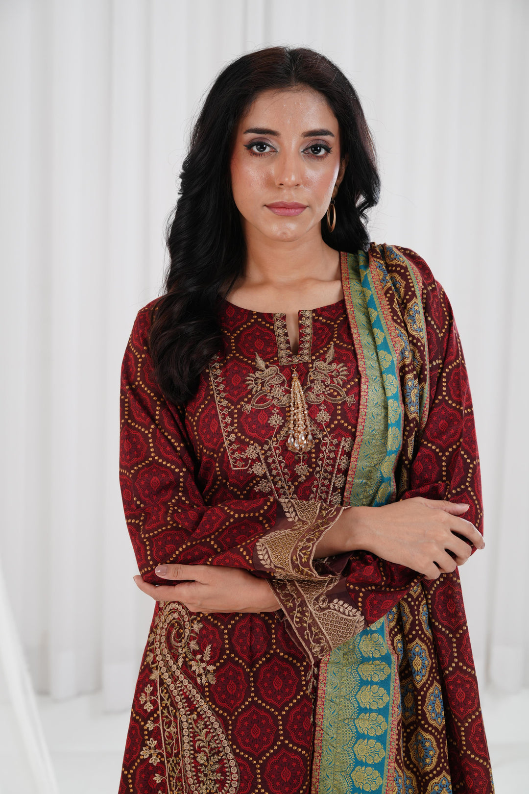 Gold Printed Embroidered Brown Stitched Suit - Nishat