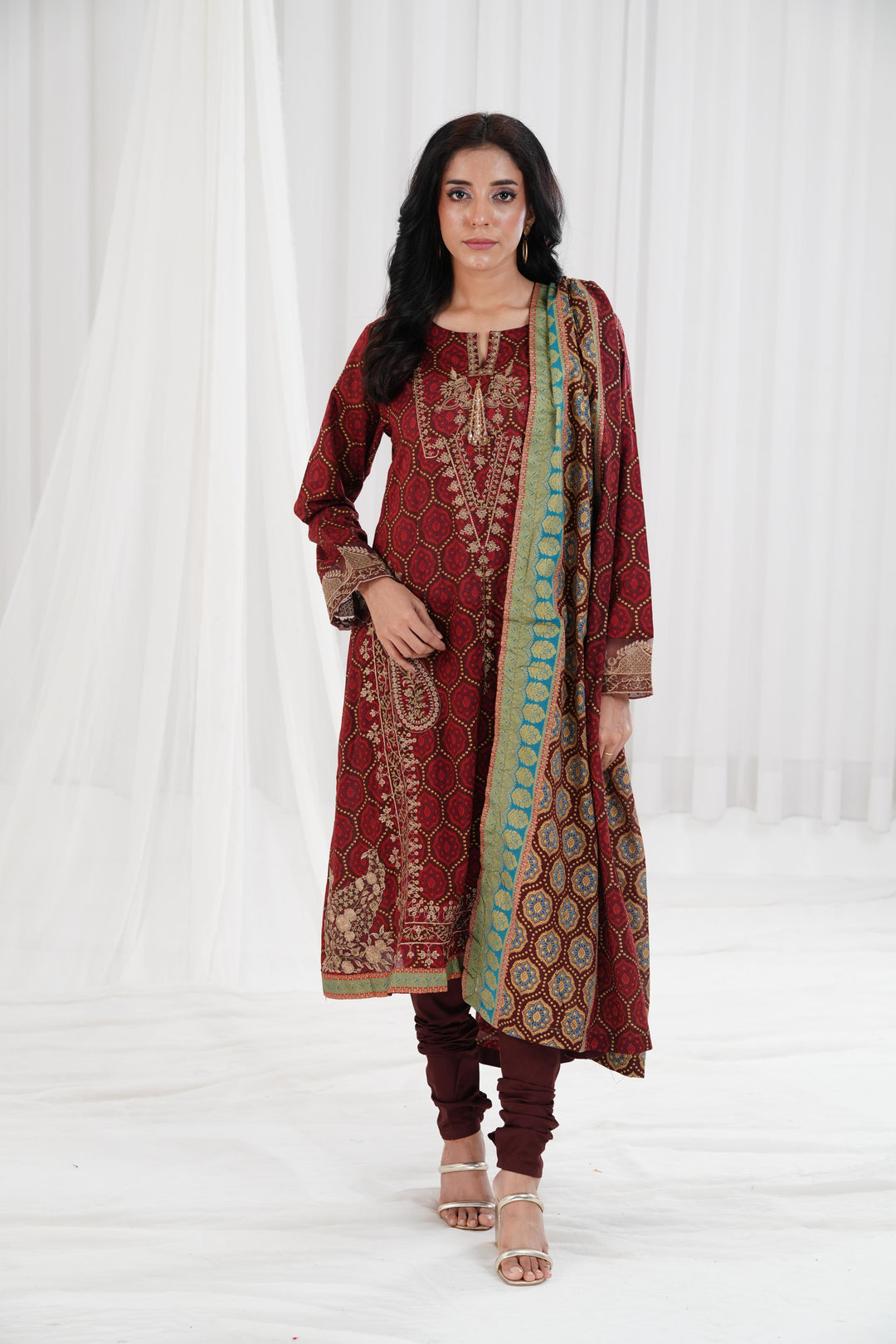 Gold Printed Embroidered Brown Stitched Suit - Nishat