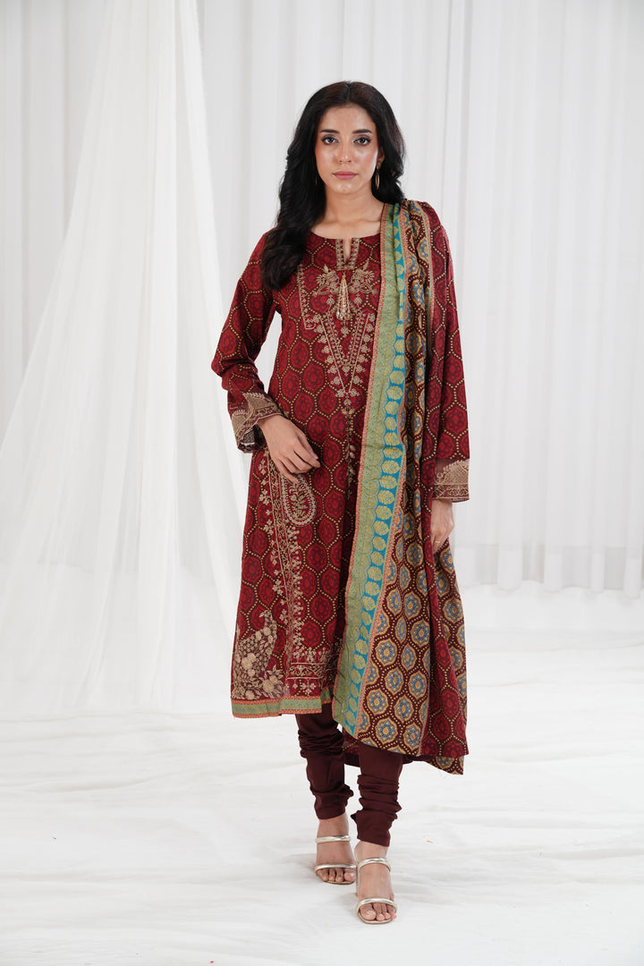 Gold Printed Embroidered Brown Stitched Suit - Nishat