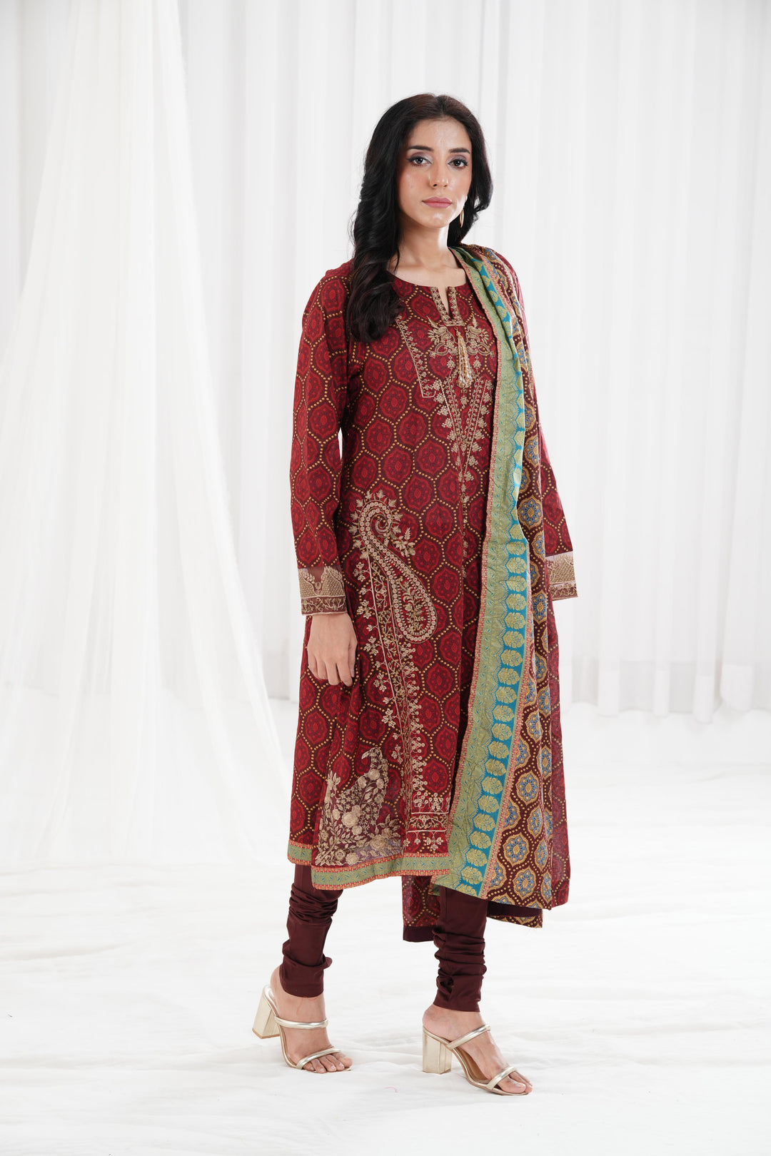 Gold Printed Embroidered Brown Stitched Suit - Nishat