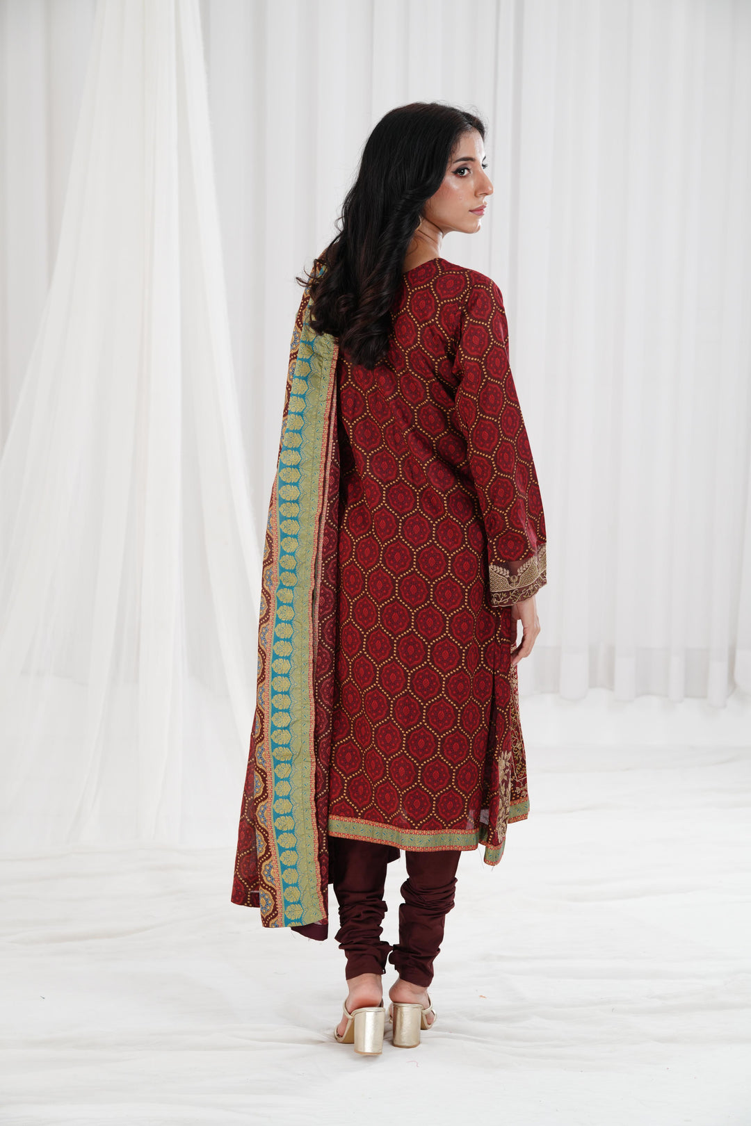 Gold Printed Embroidered Brown Stitched Suit - Nishat