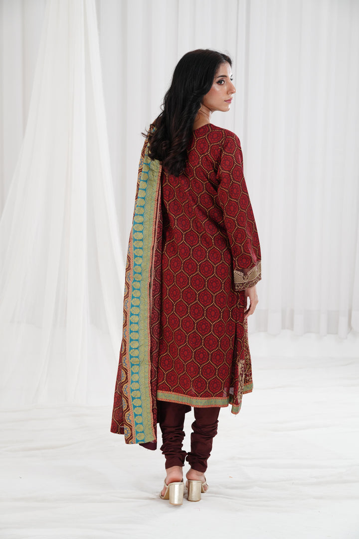 Gold Printed Embroidered Brown Stitched Suit - Nishat