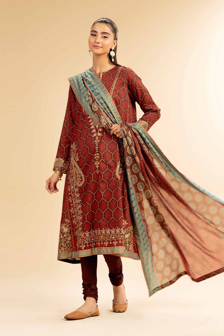 Gold Printed Embroidered Brown Stitched Suit - Nishat