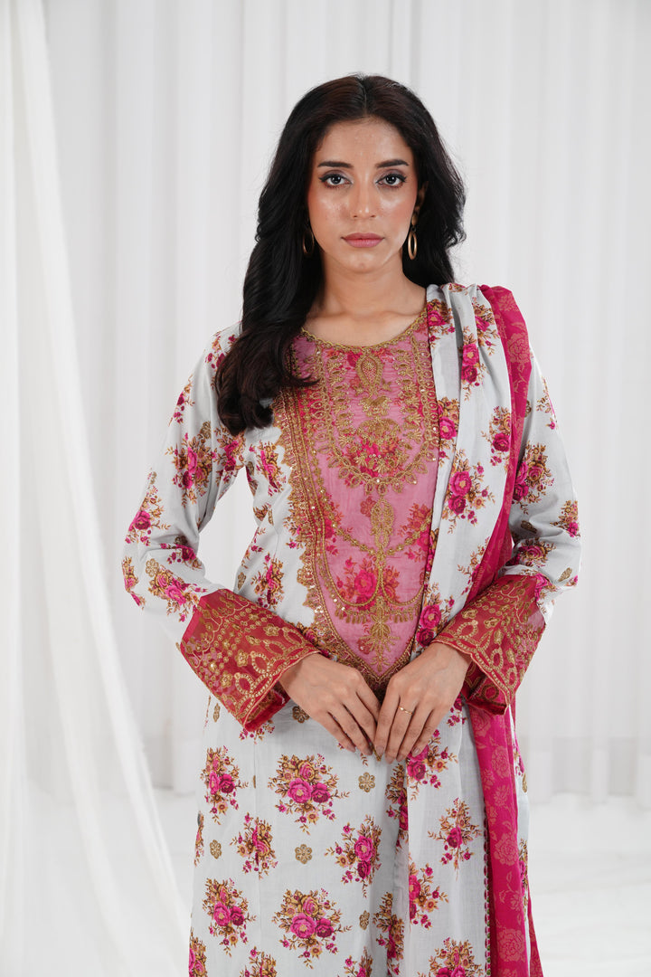 Gold Printed Embroidered Light Grey Stitched Suit - Nishat