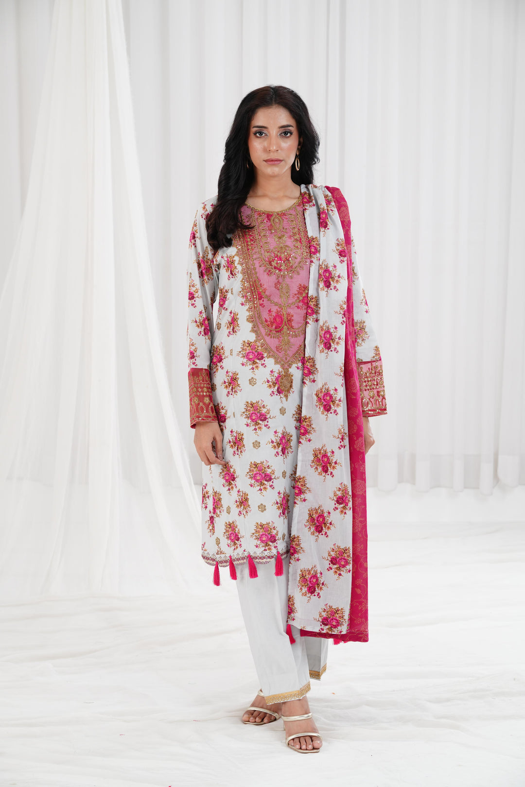Gold Printed Embroidered Light Grey Stitched Suit - Nishat