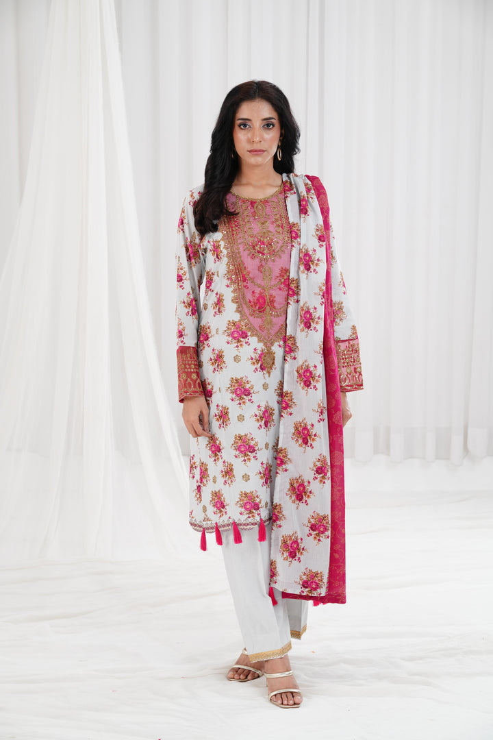 Gold Printed Embroidered Light Grey Stitched Suit - Nishat