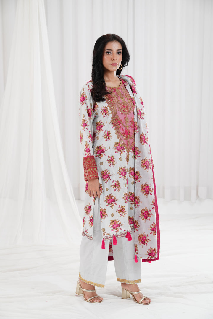 Gold Printed Embroidered Light Grey Stitched Suit - Nishat