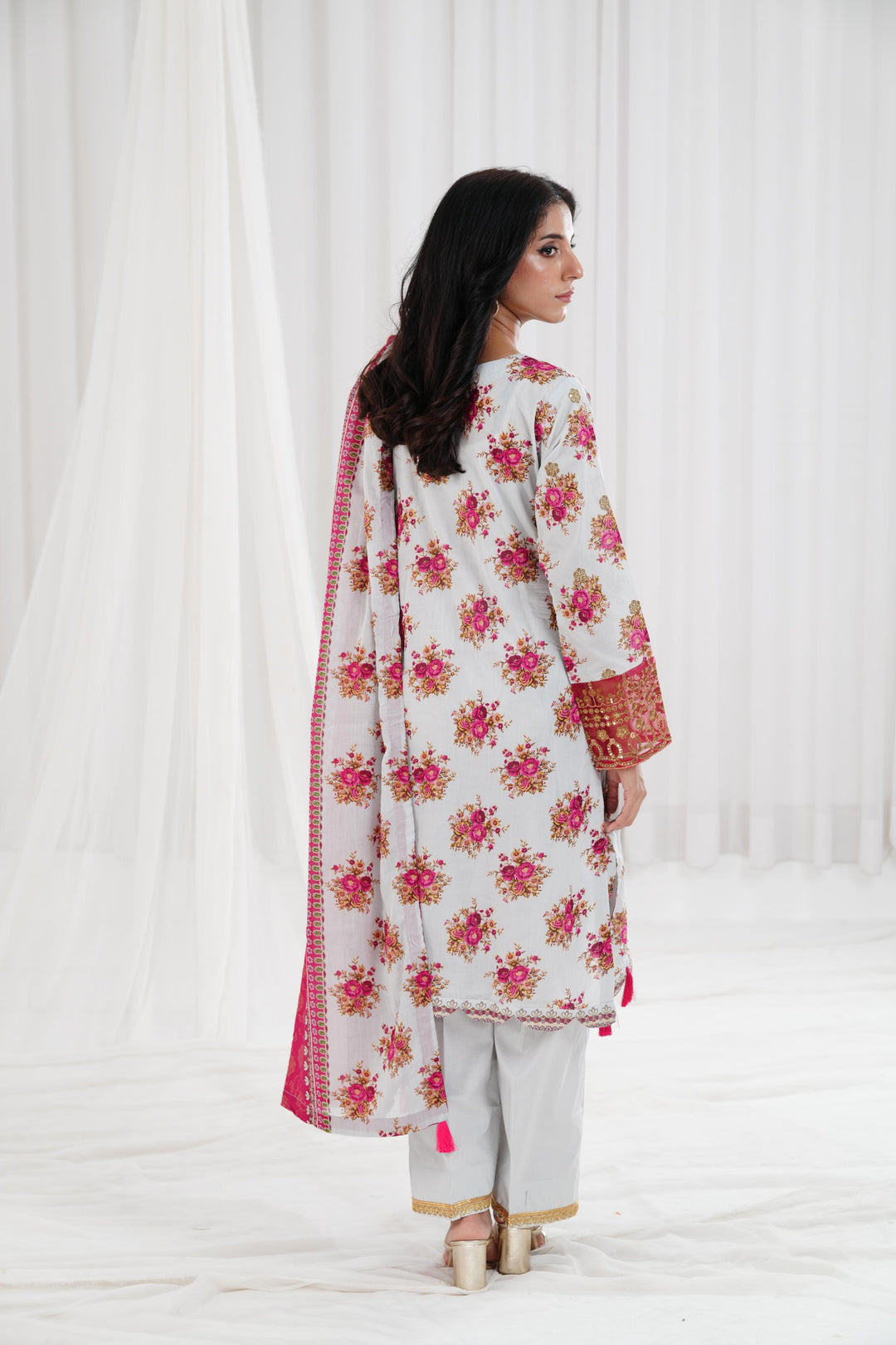 Gold Printed Embroidered Light Grey Stitched Suit - Nishat