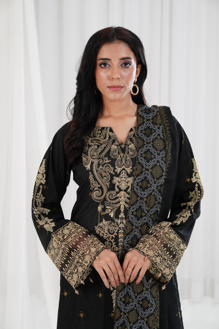 Gold Printed Embroidered Black Stitched Suit - Nishat