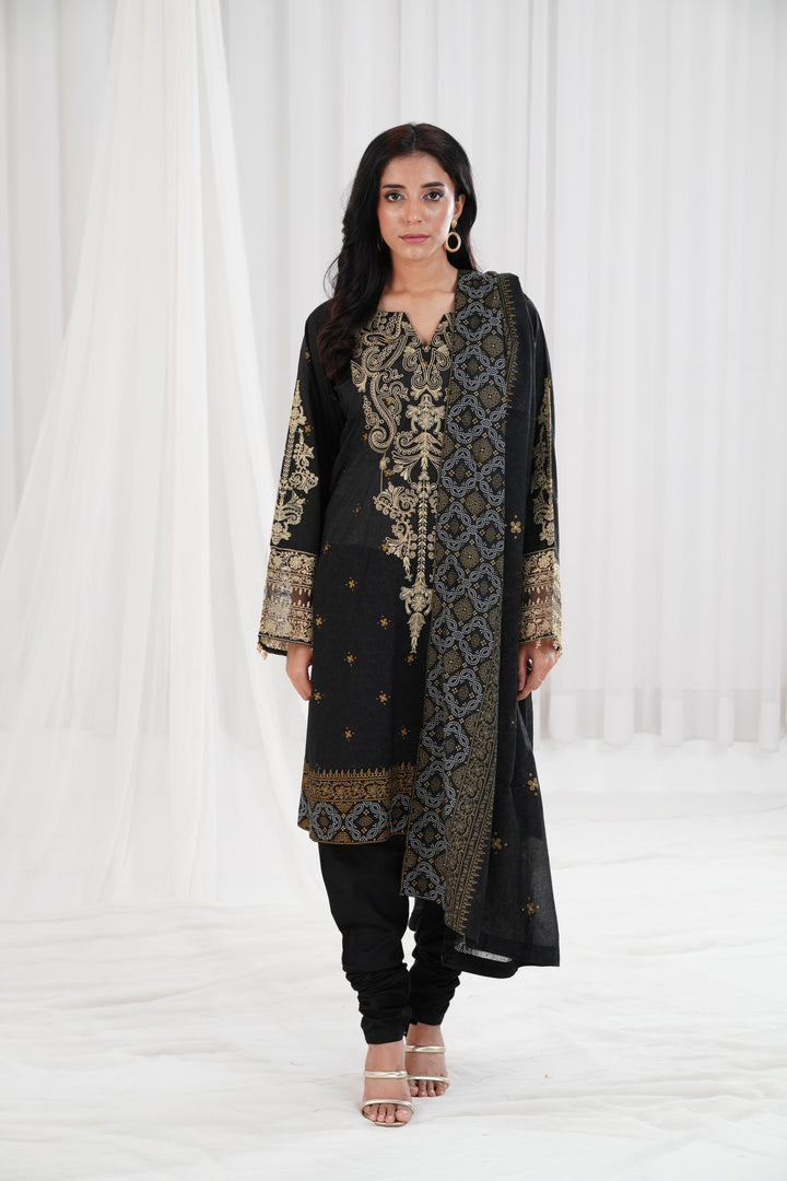 Gold Printed Embroidered Black Stitched Suit - Nishat