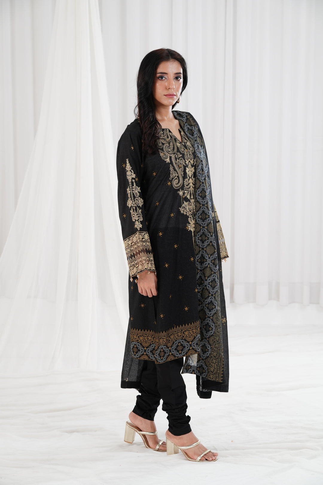 Gold Printed Embroidered Black Stitched Suit - Nishat