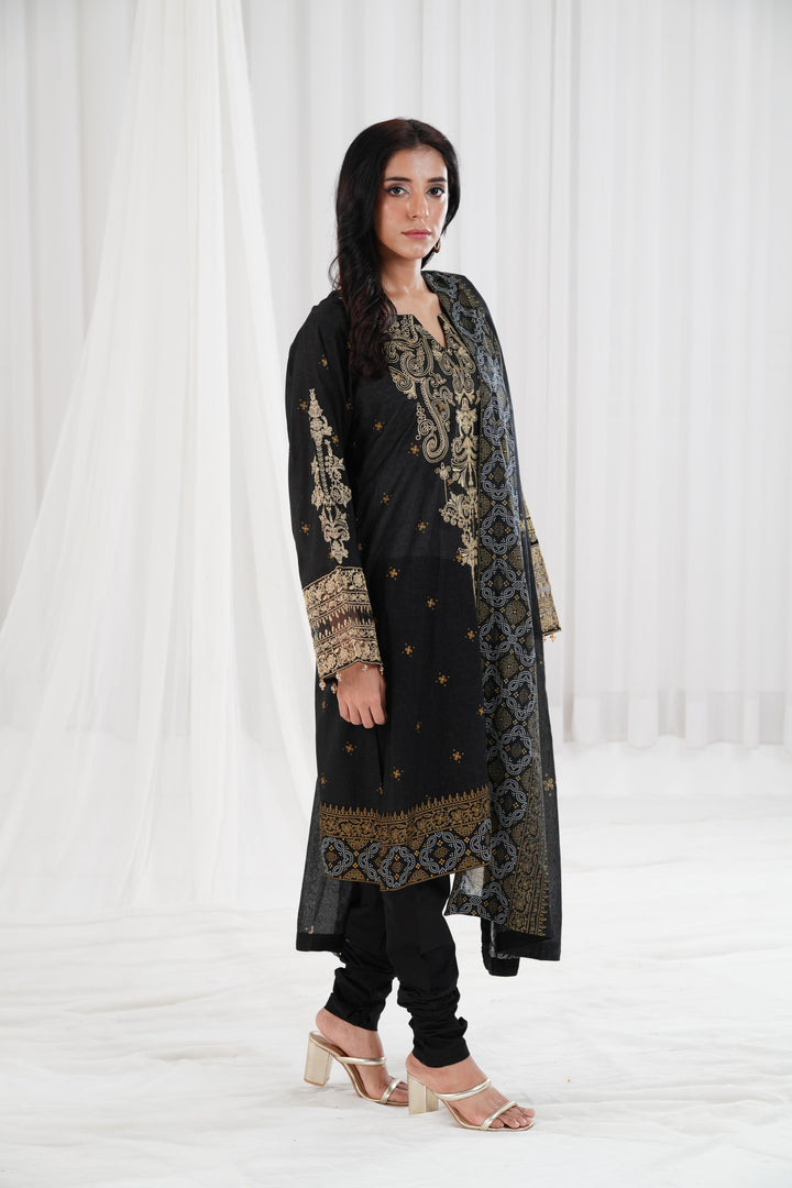 Gold Printed Embroidered Black Stitched Suit - Nishat