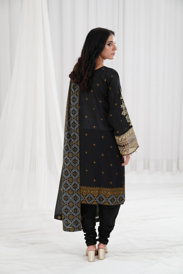 Gold Printed Embroidered Black Stitched Suit - Nishat