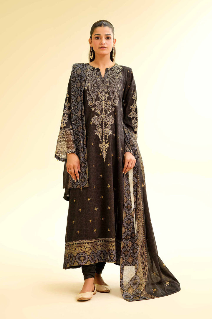 Gold Printed Embroidered Black Stitched Suit - Nishat