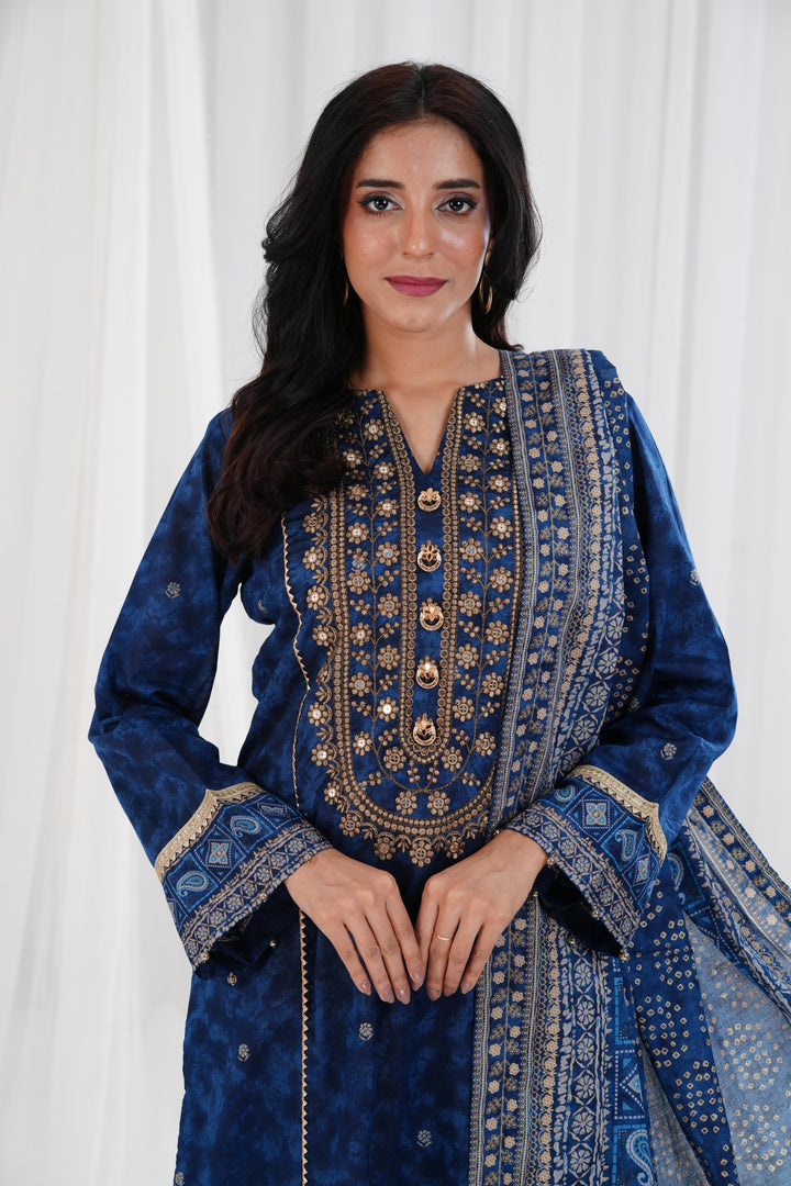 Gold Printed Embroidered Blue Stitched Suit - Nishat