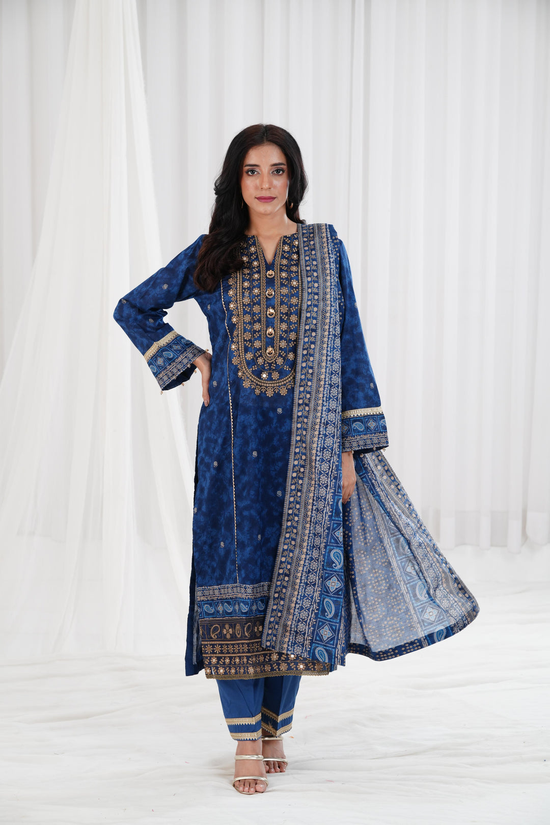 Gold Printed Embroidered Blue Stitched Suit - Nishat