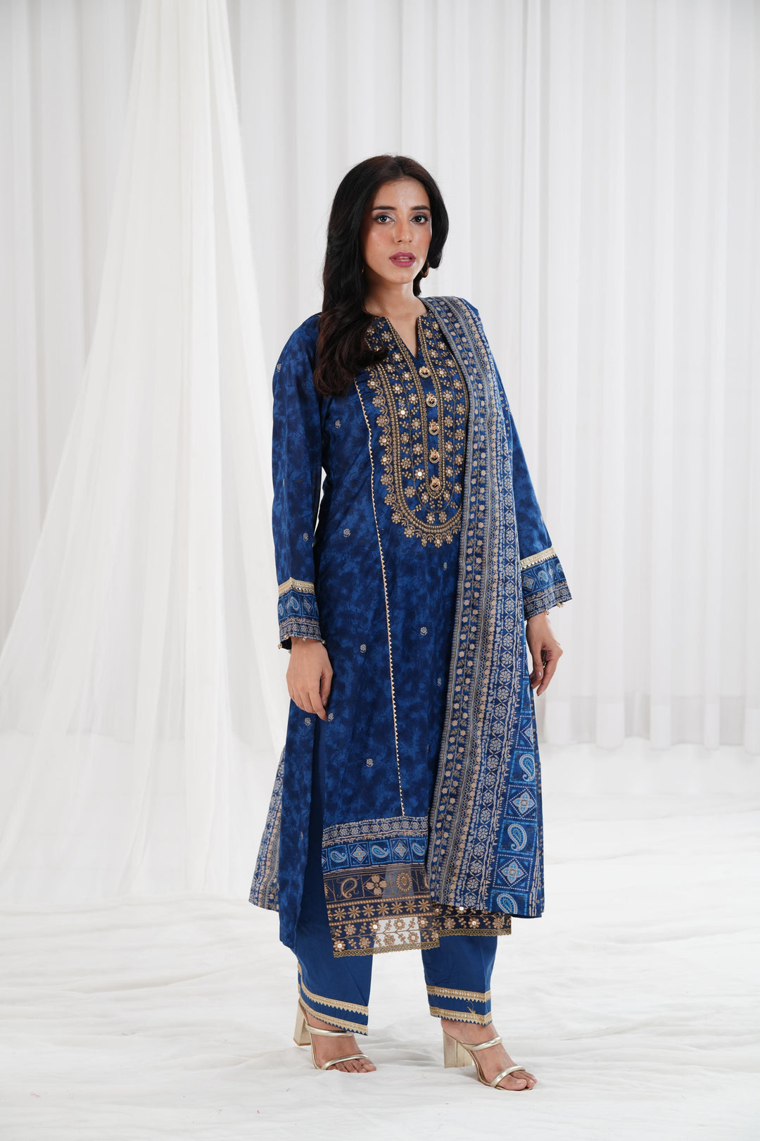 Gold Printed Embroidered Blue Stitched Suit - Nishat