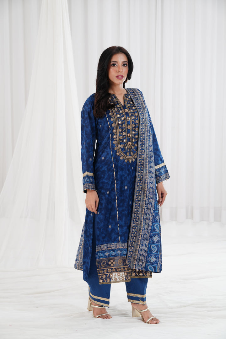 Gold Printed Embroidered Blue Stitched Suit - Nishat