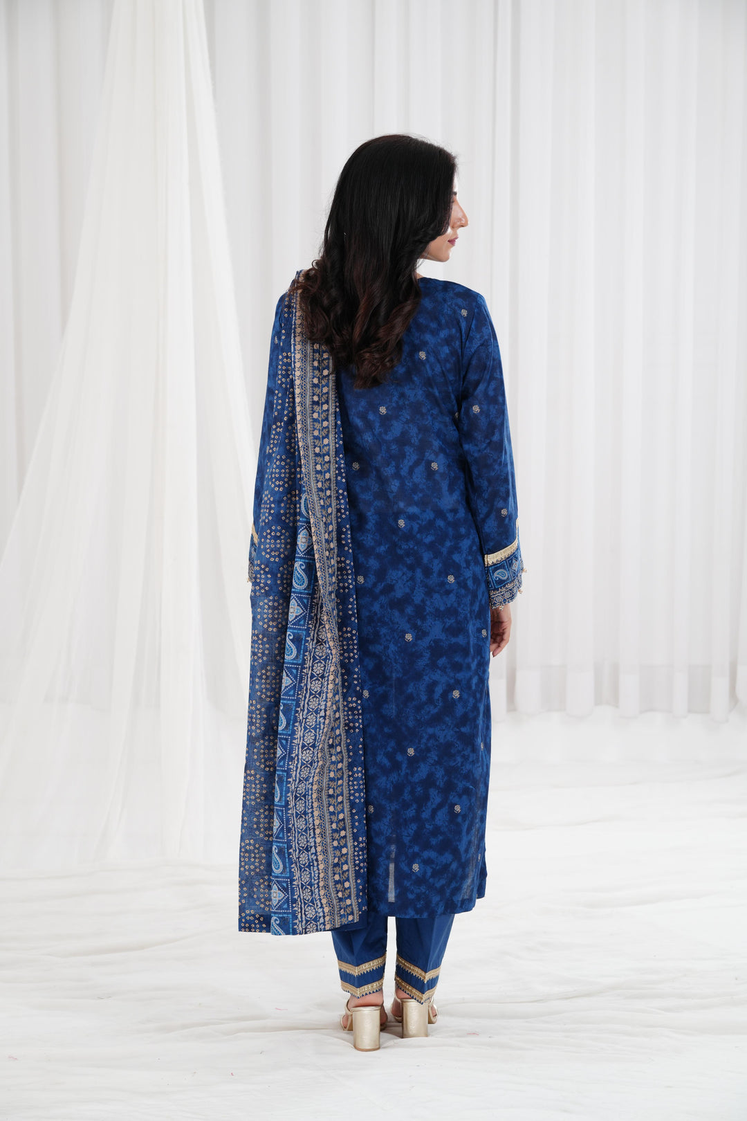 Gold Printed Embroidered Blue Stitched Suit - Nishat