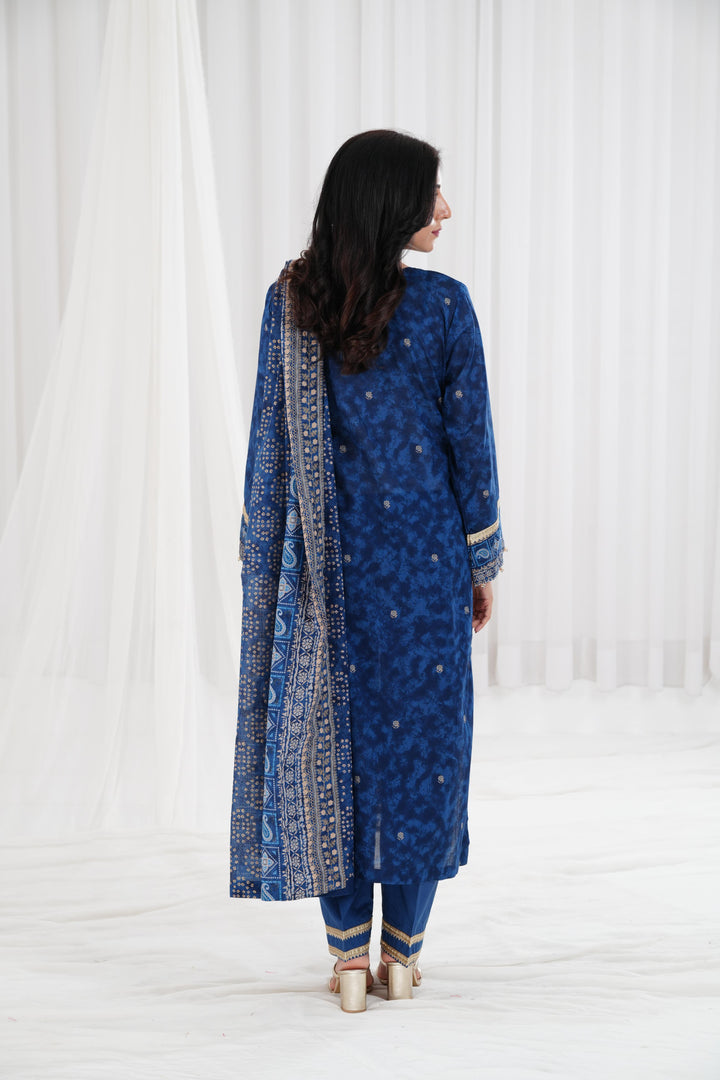 Gold Printed Embroidered Blue Stitched Suit - Nishat