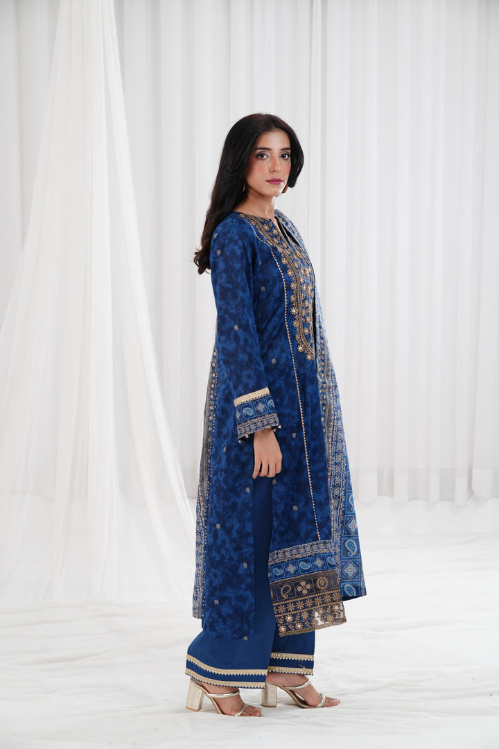 Gold Printed Embroidered Blue Stitched Suit - Nishat