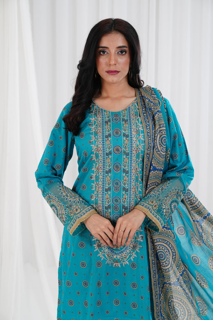 Gold Printed Embroidered Sea Green Stitched Suit - Nishat