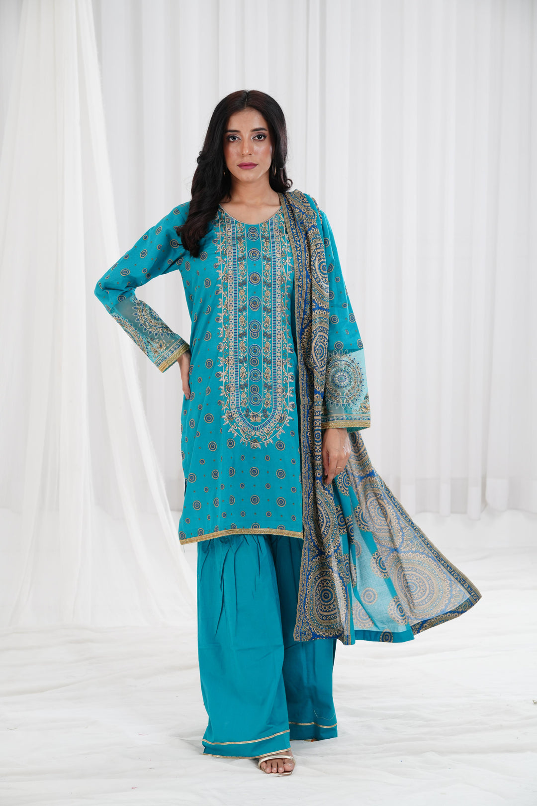 Gold Printed Embroidered Sea Green Stitched Suit - Nishat