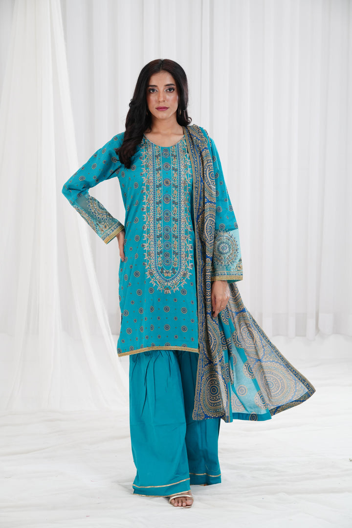 Gold Printed Embroidered Sea Green Stitched Suit - Nishat