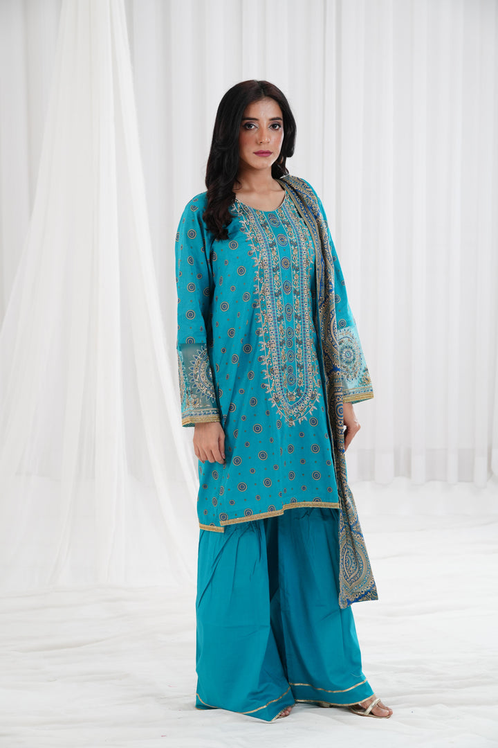 Gold Printed Embroidered Sea Green Stitched Suit - Nishat