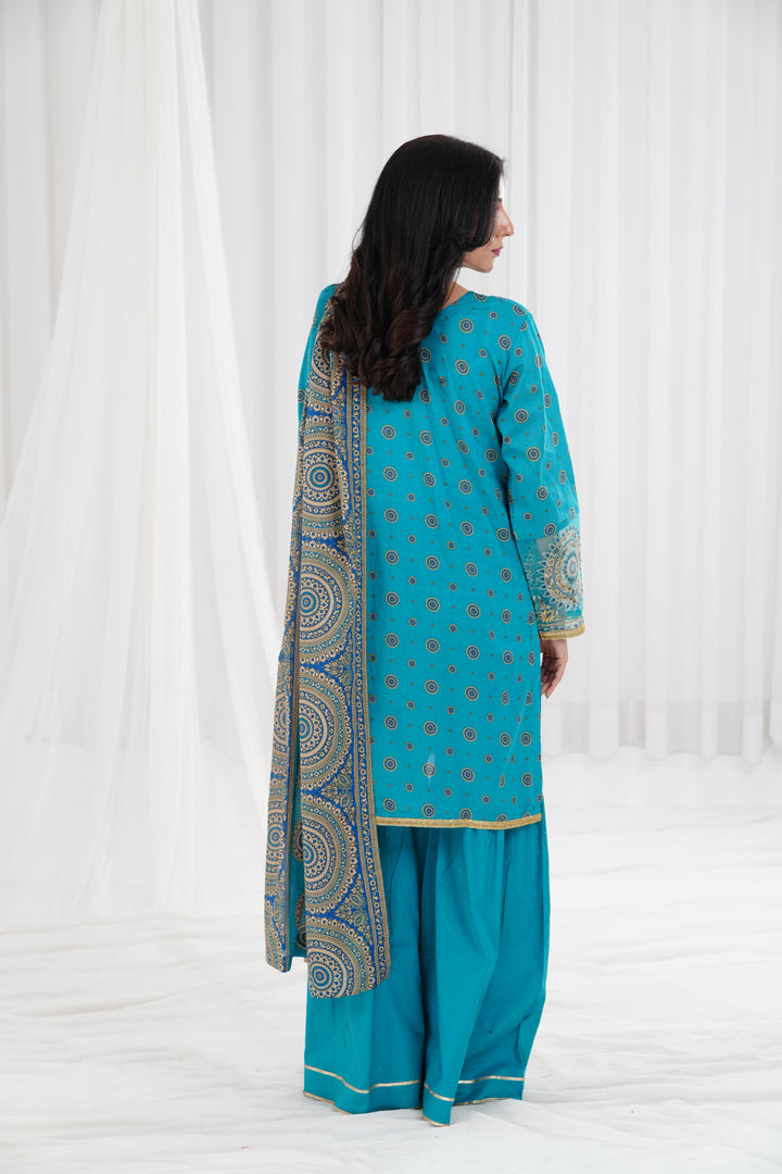 Gold Printed Embroidered Sea Green Stitched Suit - Nishat