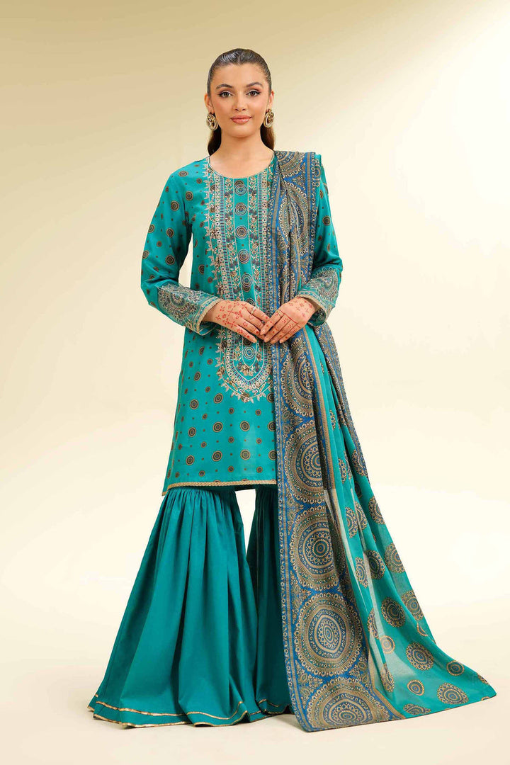 Gold Printed Embroidered Sea Green Stitched Suit - Nishat