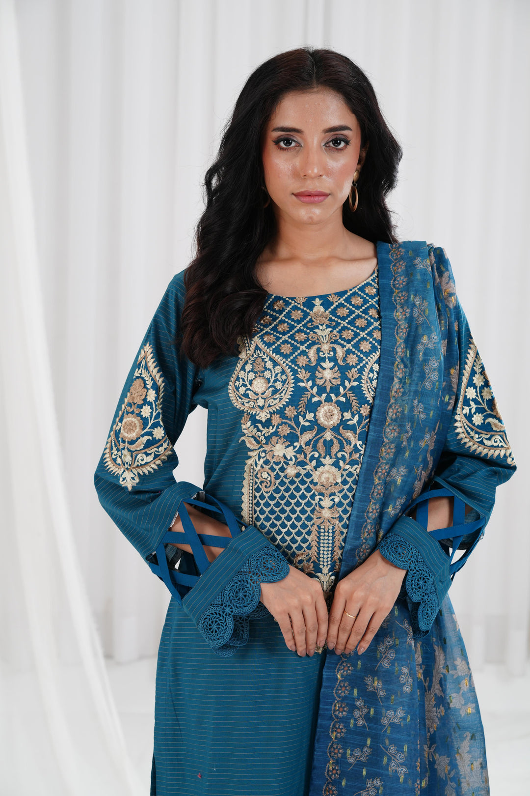 Embroidered Teal Stitched Suit - Nishat