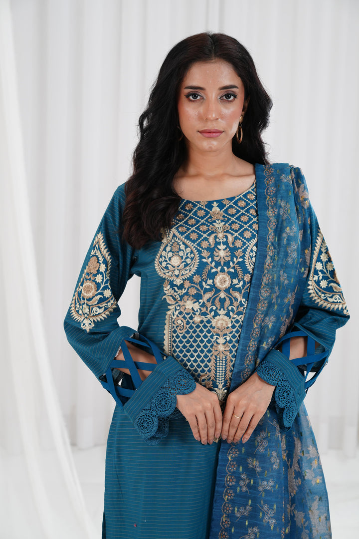 Embroidered Teal Stitched Suit - Nishat