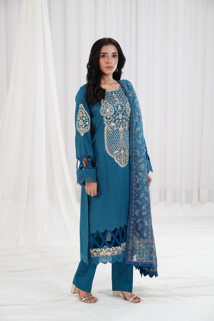 Embroidered Teal Stitched Suit - Nishat