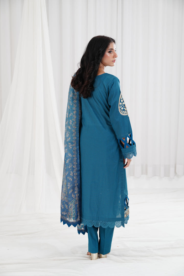 Embroidered Teal Stitched Suit - Nishat