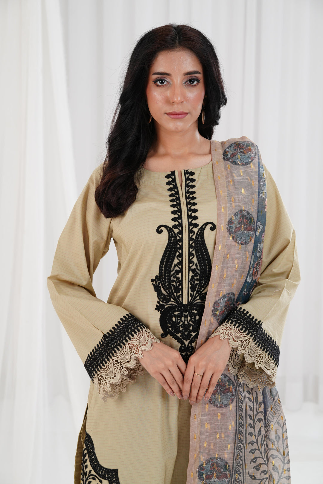 Embroidered Dull Gold Stitched Suit - Nishat
