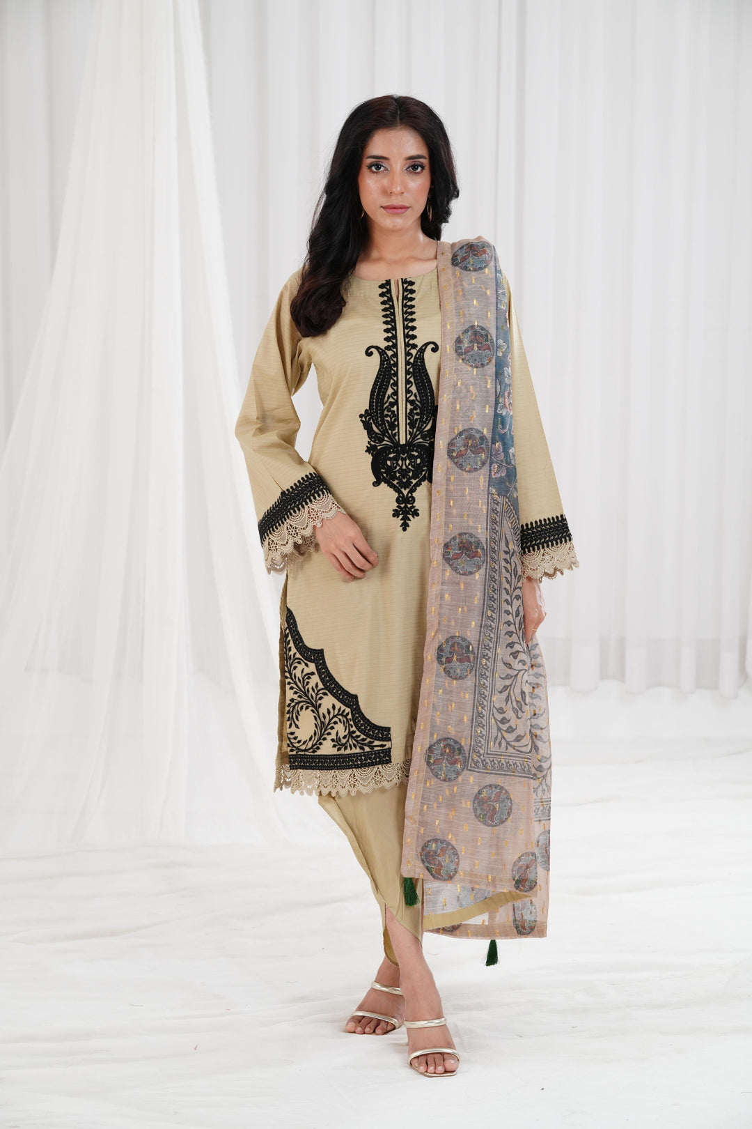 Embroidered Dull Gold Stitched Suit - Nishat