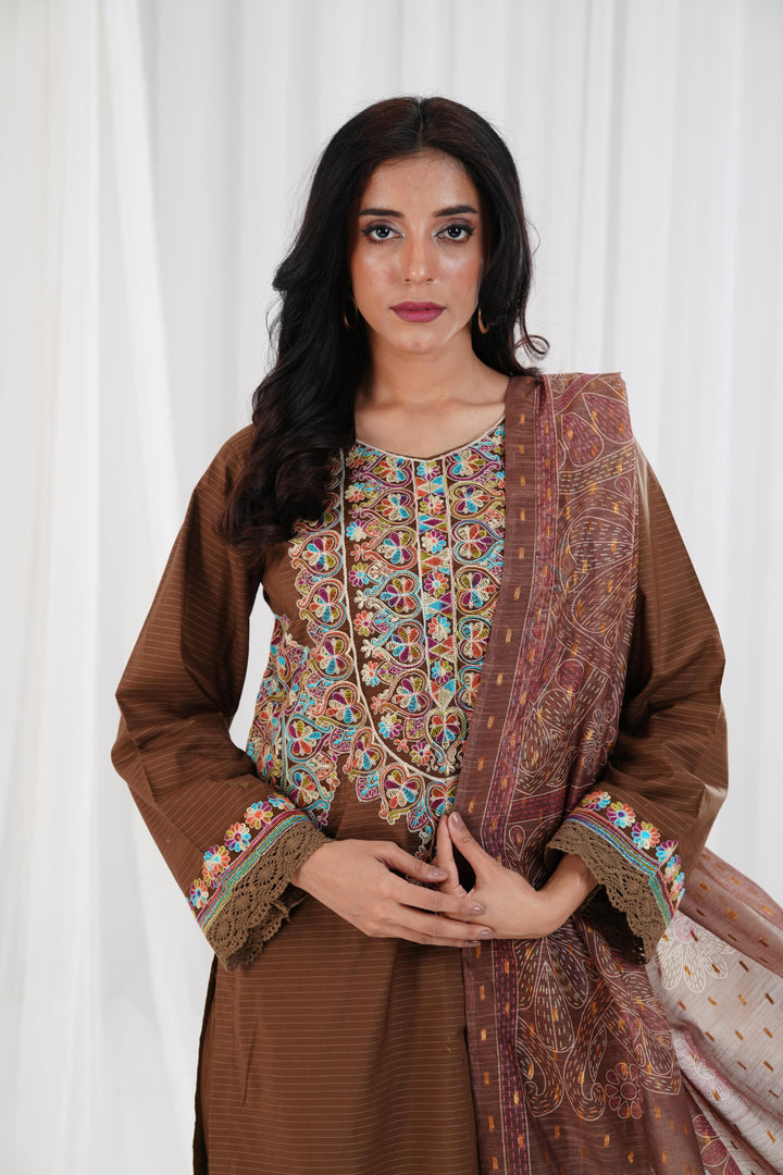 Embroidered Brown Stitched Suit - Nishat