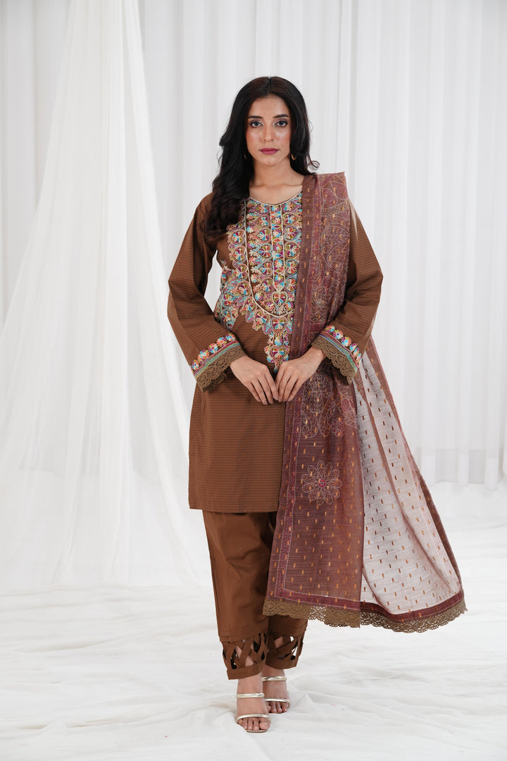 Embroidered Brown Stitched Suit - Nishat