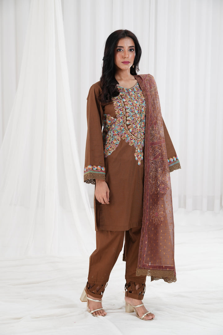 Embroidered Brown Stitched Suit - Nishat