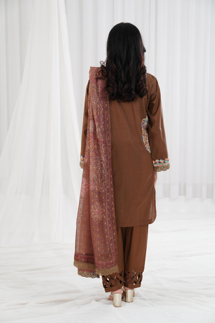 Embroidered Brown Stitched Suit - Nishat
