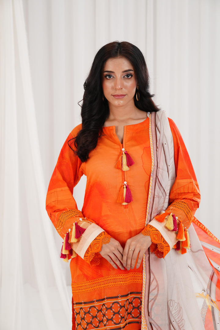 Digital Printed Embroidered Orange Stitched Suit - Nishat