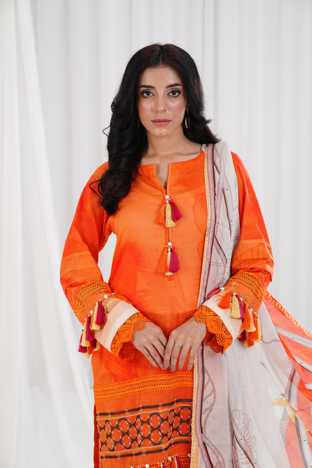 Digital Printed Embroidered Orange Stitched Suit - Nishat