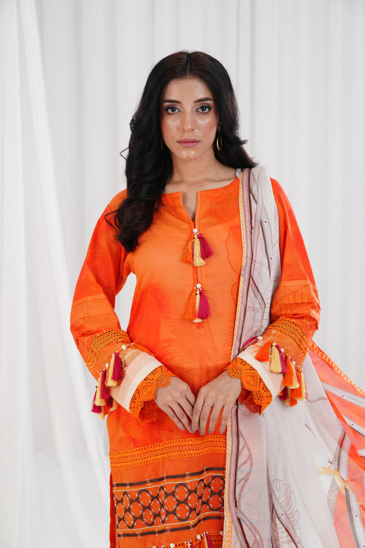Digital Printed Embroidered Orange Stitched Suit - Nishat