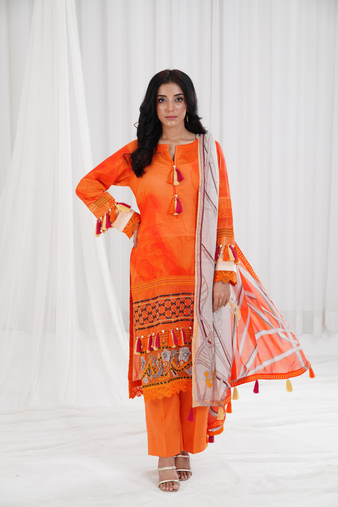 Digital Printed Embroidered Orange Stitched Suit - Nishat